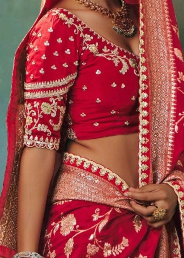 Deep Red Pure Viscose Dola Silk Saree with Zari Weaving & Embroidered Blouse