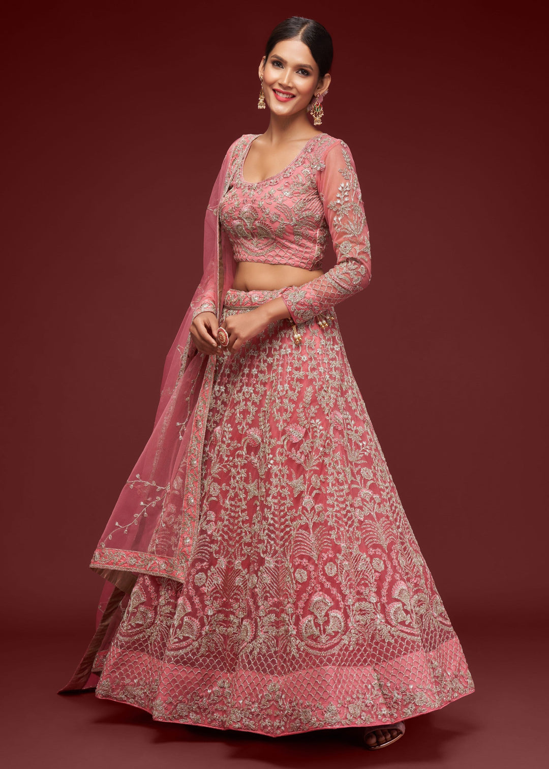 Fantasy Rose Soft Net Lehenga with Thread, Zari, Badla and Glitter Dori Embroidery Work