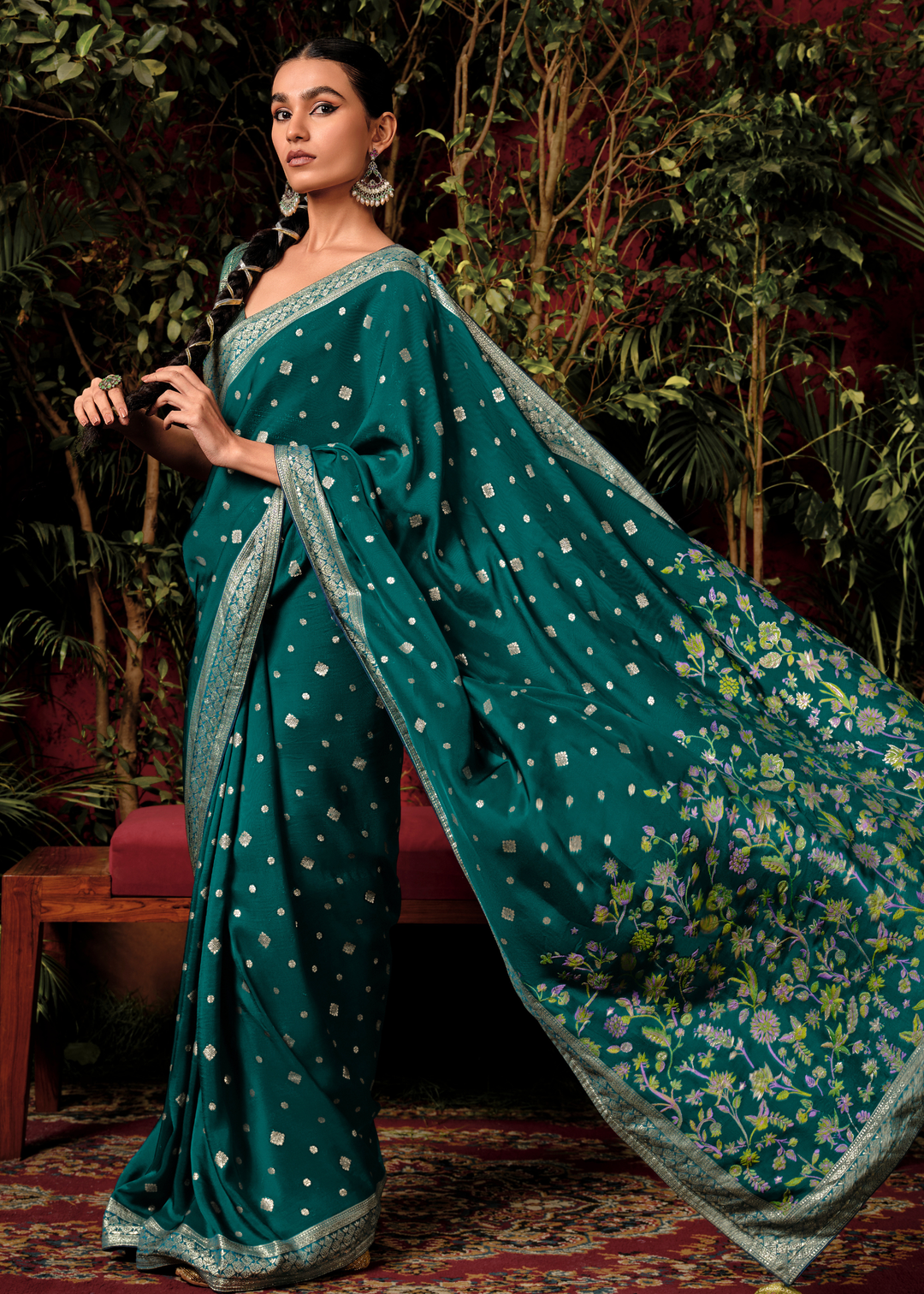 Dark Cyan Green Zari Woven Dola Silk Saree with Designer Pallu