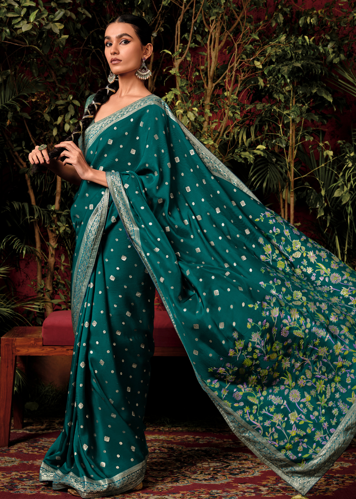 Dark Cyan Green Zari Woven Dola Silk Saree with Designer Pallu
