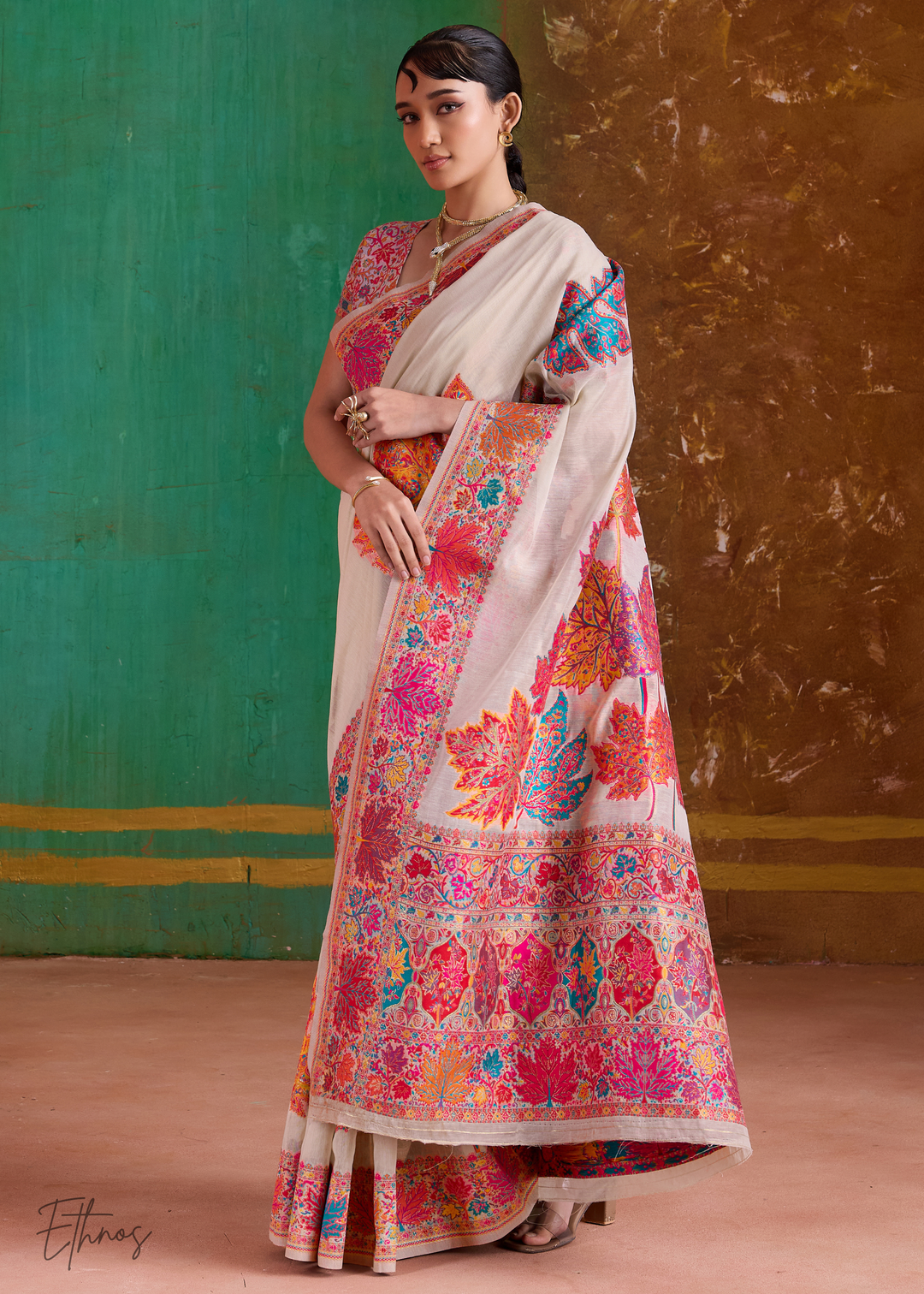 Warm Beige with Multicolour Floral Weave Saree