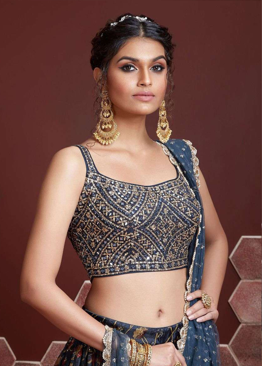 Dark Blue Floral Printed Chinon Silk Lehenga Choli with Sequins & Mirror work : Top Pick