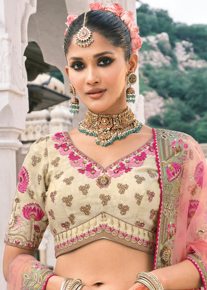 Peach & Off-White Fancy Silk Lehenga Choli With Cut Work Embroidery Border & Stone Work