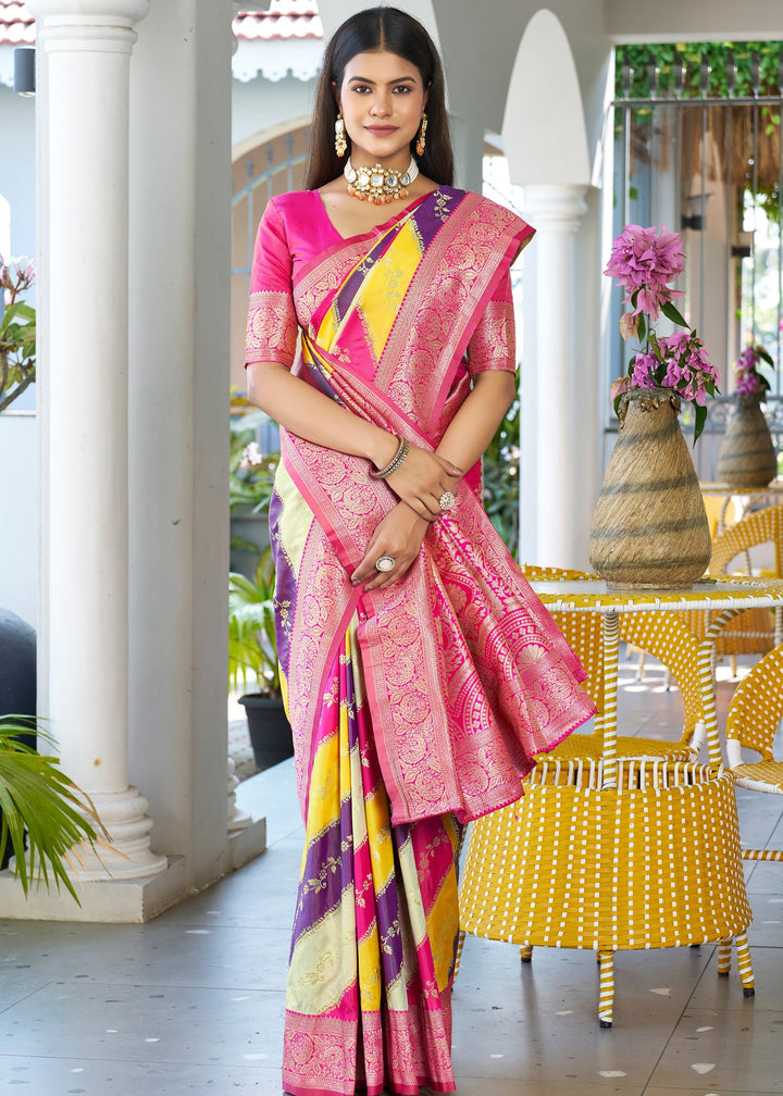 Yellow Leriya Zari Woven Banarasi Silk Saree With Contrast Pallu