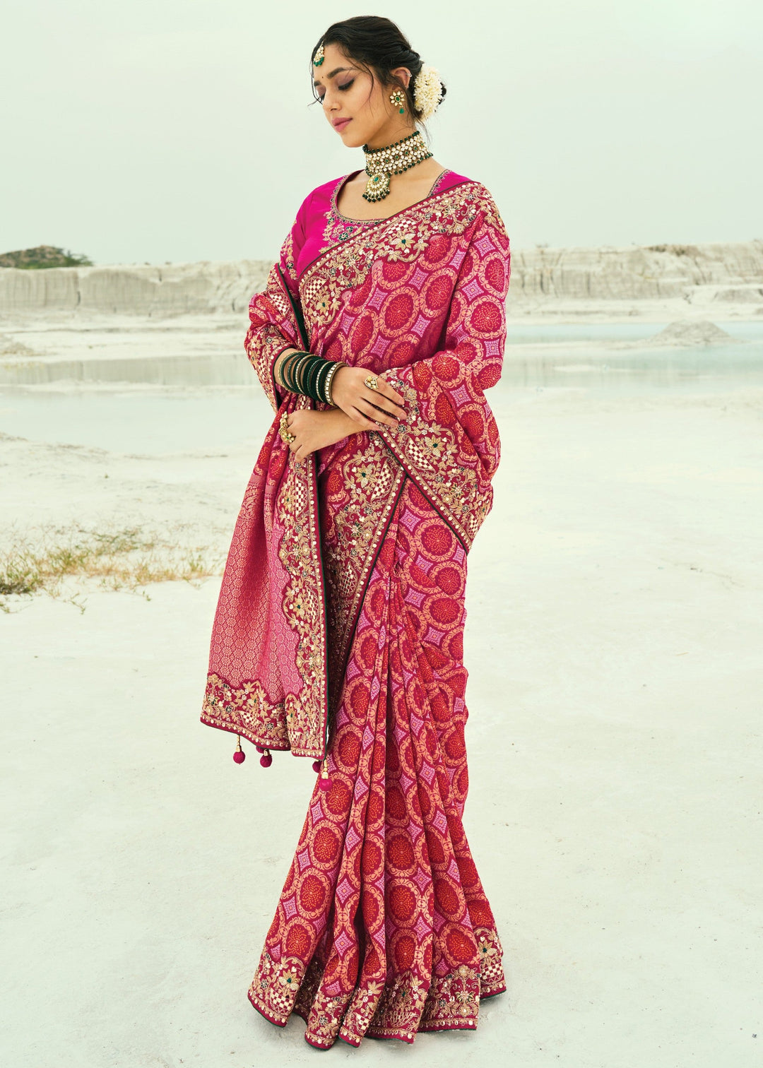 Rani Pink Georgette Bandhej Saree