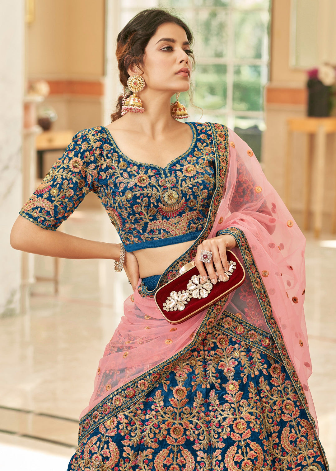 Dark Blue Velvet Lehenga Choli
