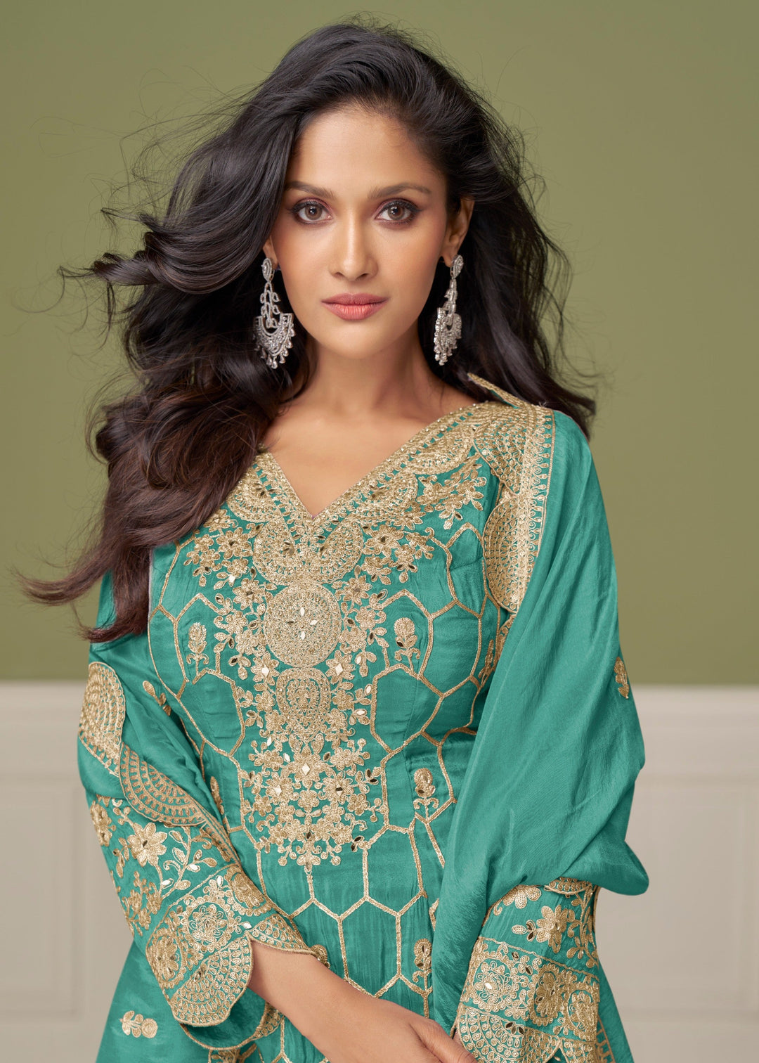 Bright Teal Green Silk Salwar Suit with golden embroidery