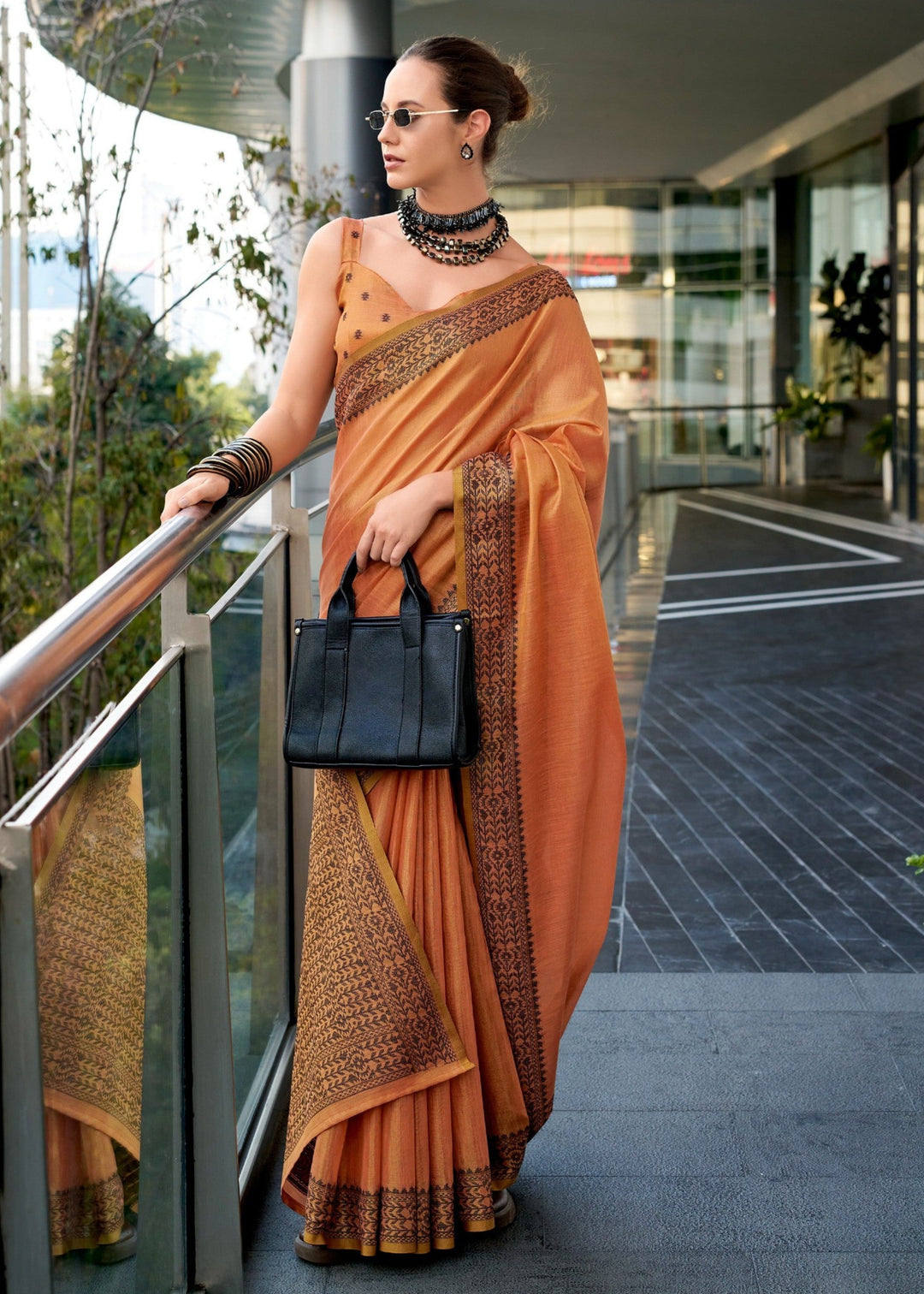Rust Orange Linen Tissue Silk Saree