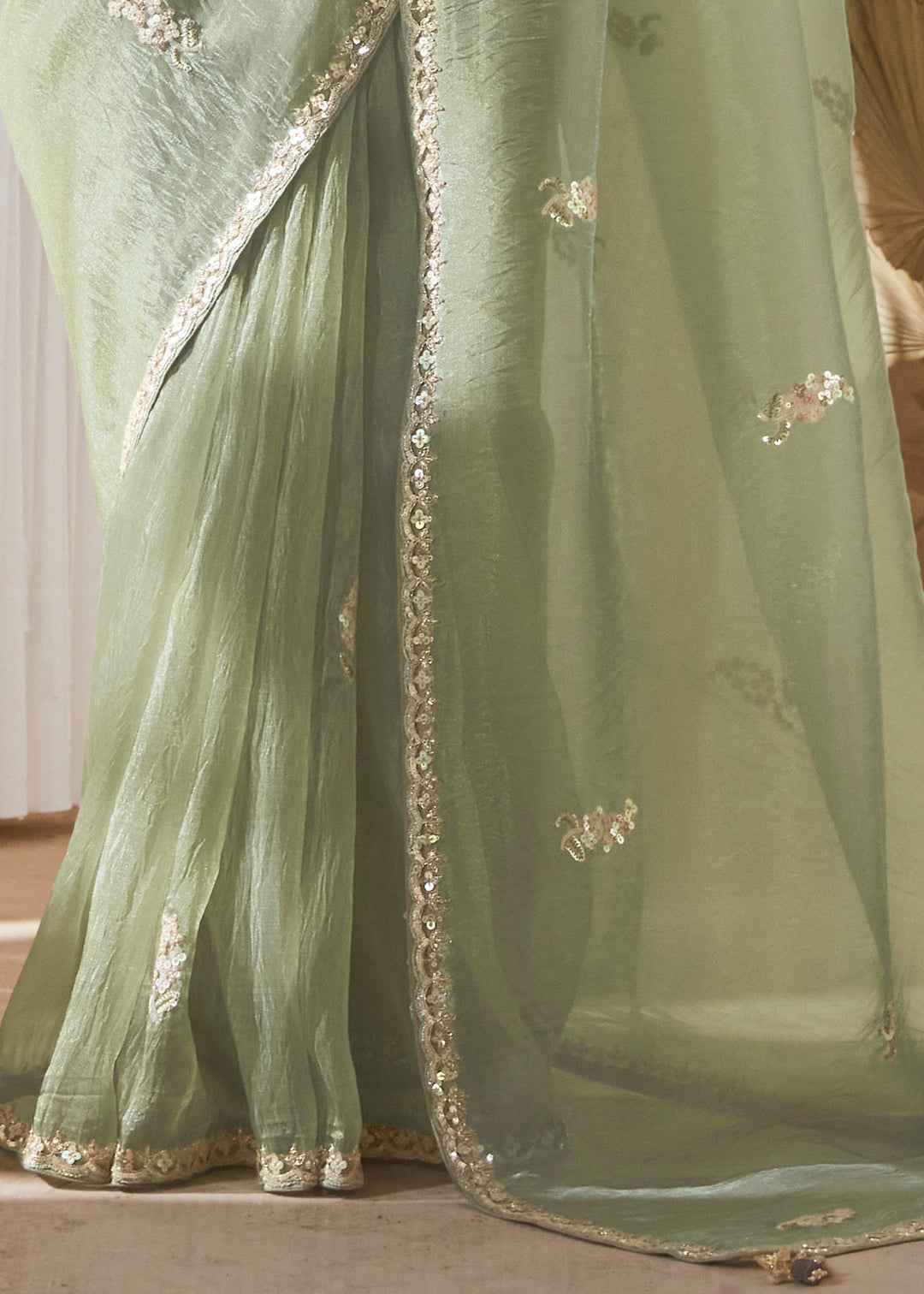 Mint Green Fancy Silk Saree With Printed Blouse