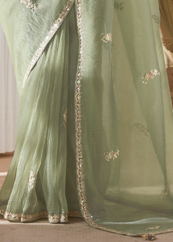Mint Green Fancy Silk Saree With Printed Blouse