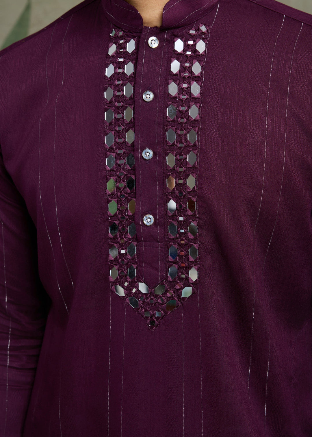 Purple Viscose Rayon Mens Kurta Set With Self Design Zari And Mirror Work