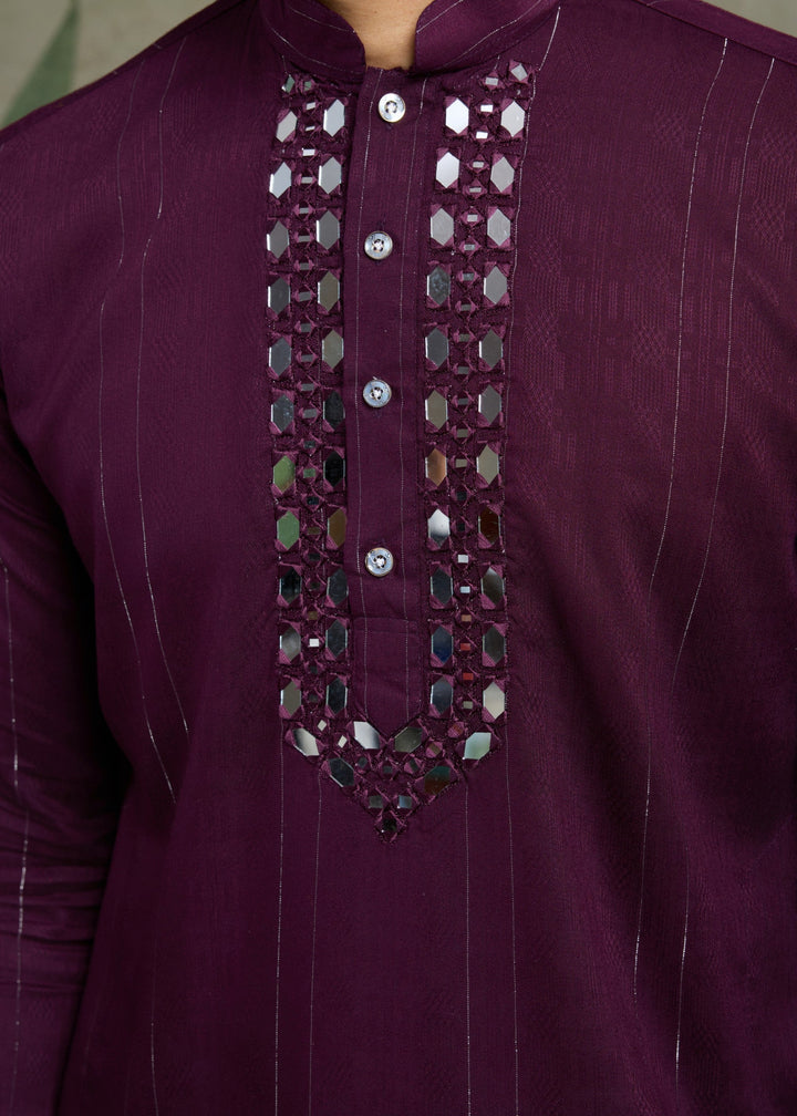 Purple Viscose Rayon Mens Kurta Set With Self Design Zari And Mirror Work