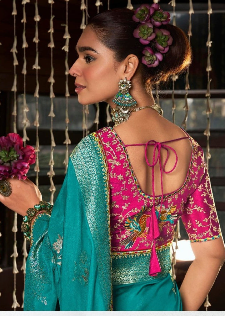 Teal Soft Dola Viscous Silk with 3d Weaved Pallu and contrast blouse Saree