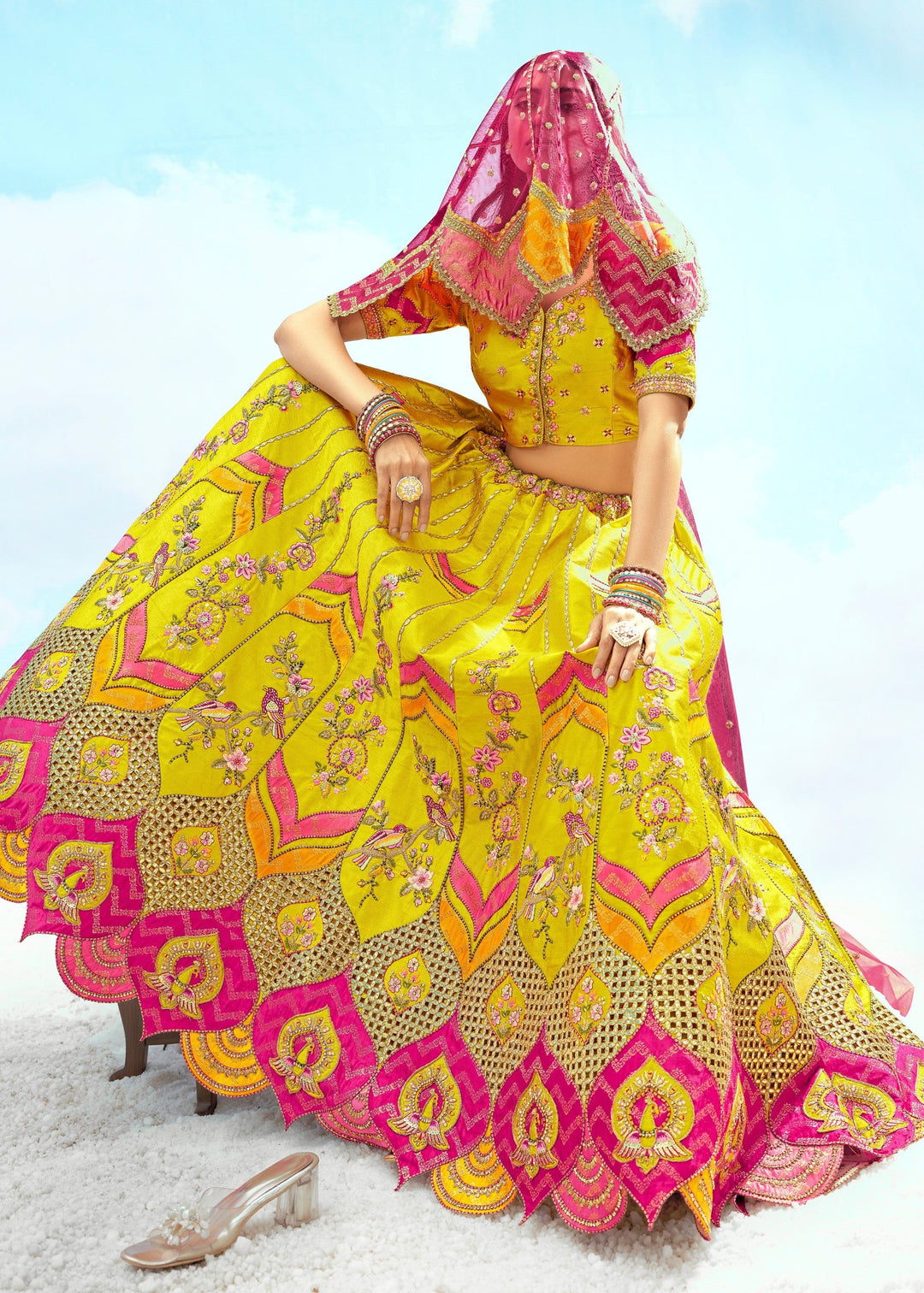 Yellow And Pink Silk Lehenga With Cut Work Border