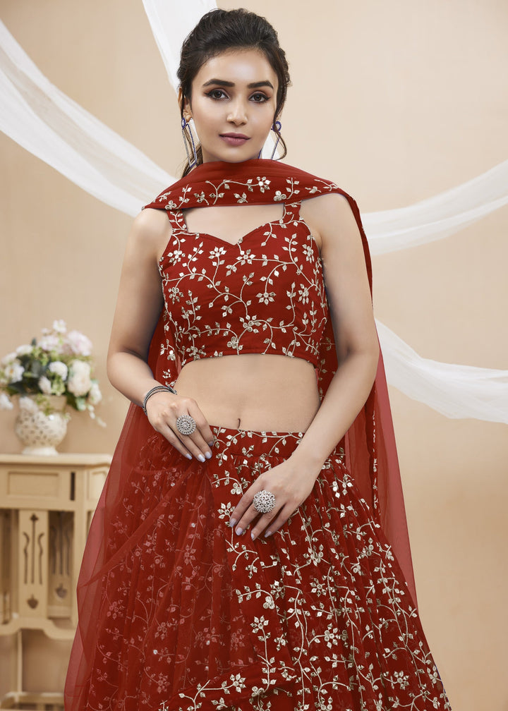 Maroon Red Georgette Lehenga Choli With Sequins Zari Embroidered Work