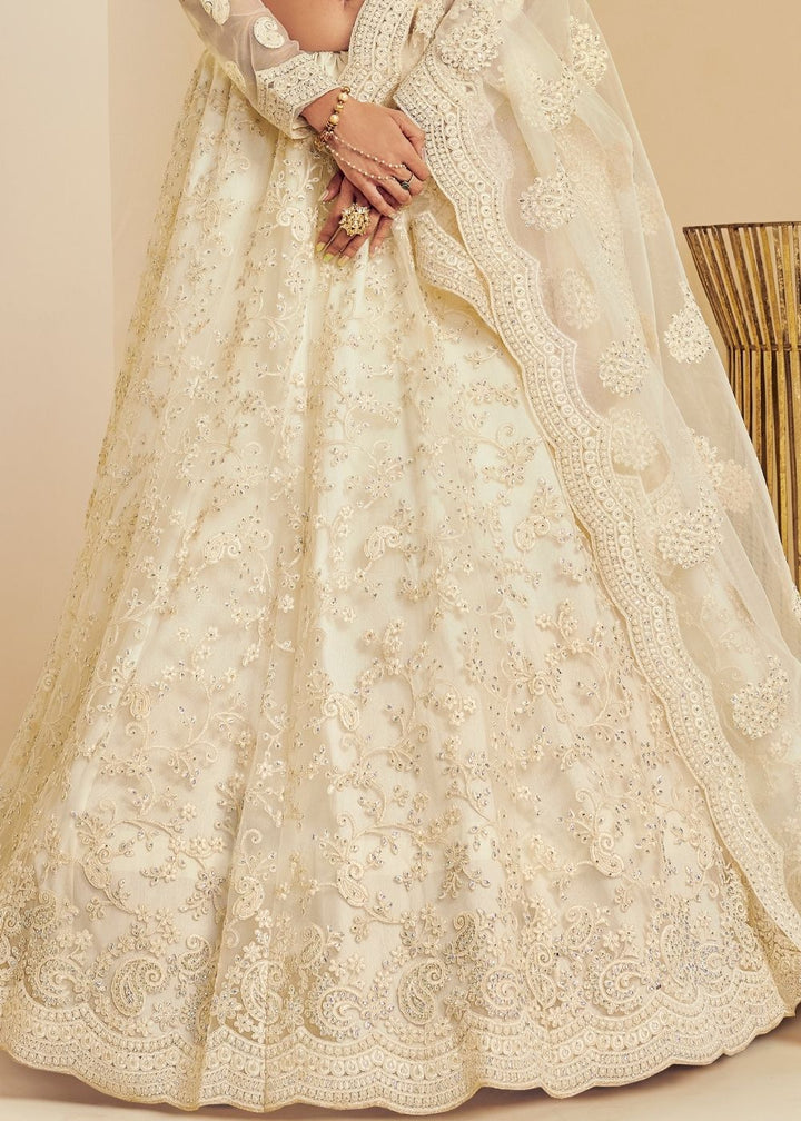 Ivory White Soft Net Lehenga Choli with Cording Embroidery & Stone work