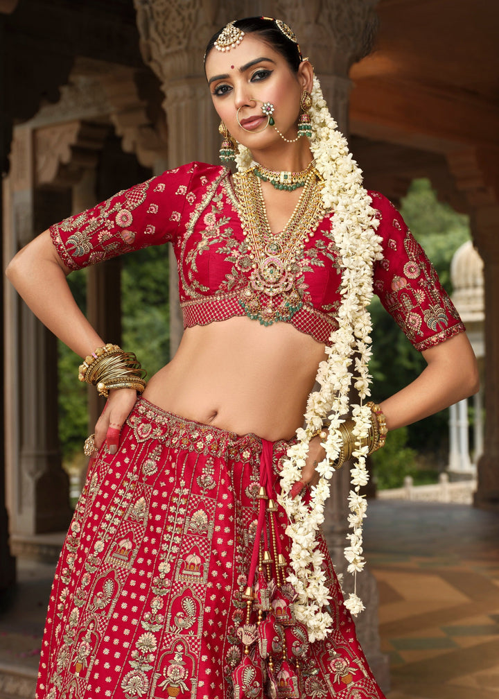 Currant Red Heavy Bridal Silk Lehenga With Khatli And Embroidery Work