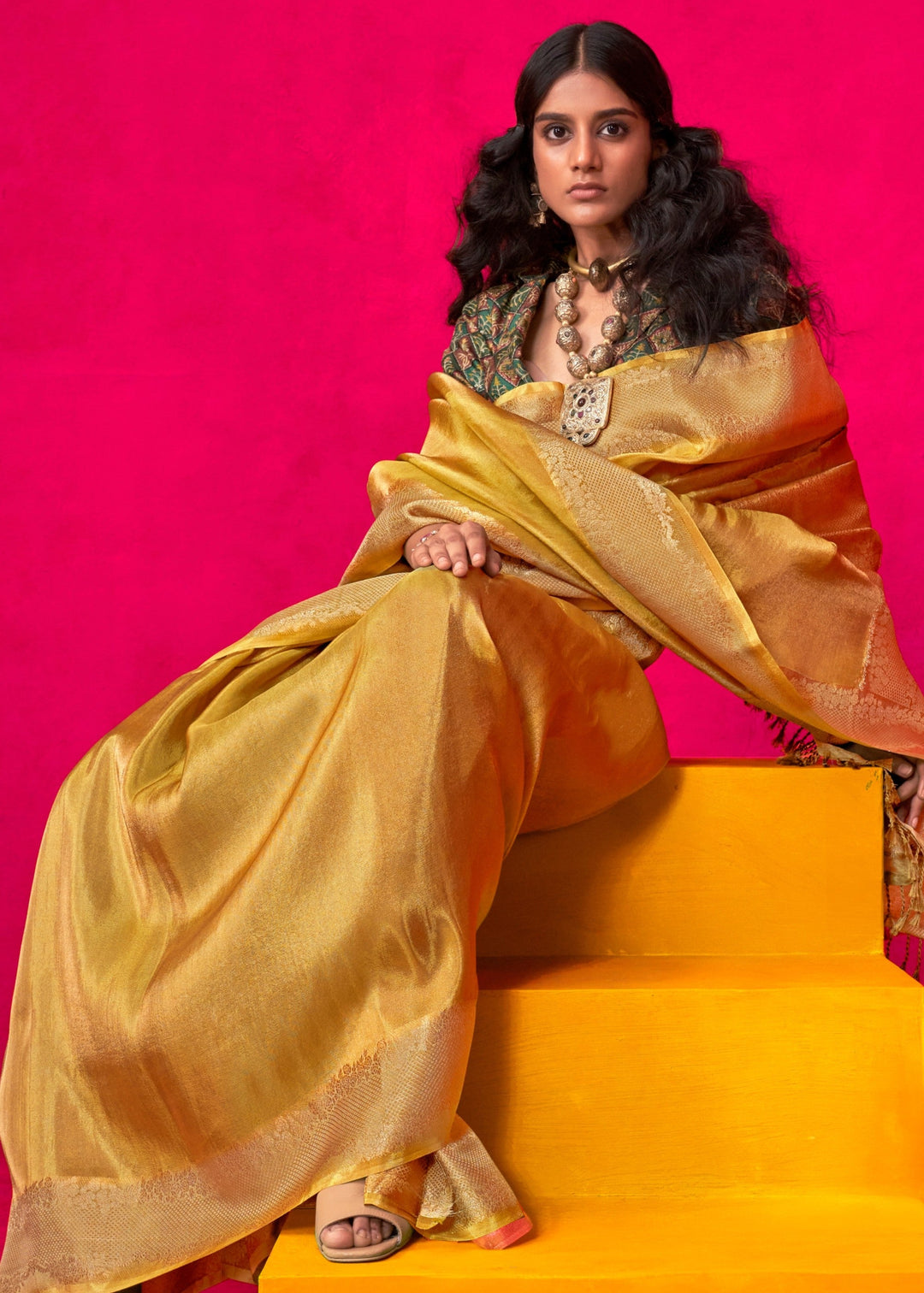 Golden Yellow Tissue Silk Saree