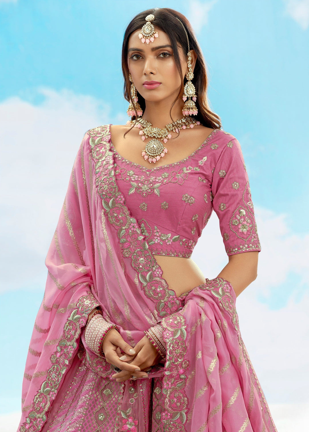 Lavender Silk Lehenga With Cut Work Border
