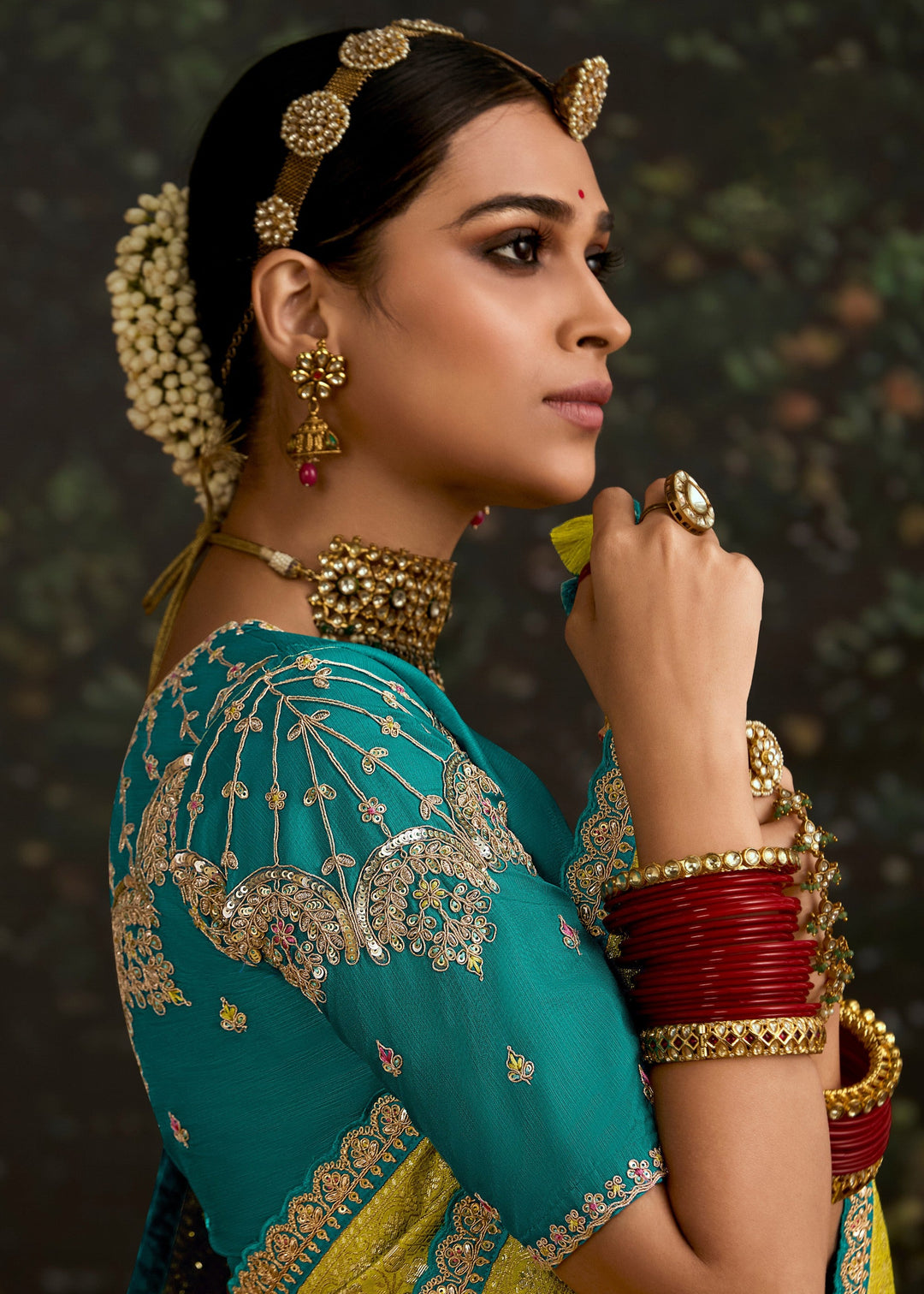 Lime-Yellow and Turquoise Viscose silk Saree
