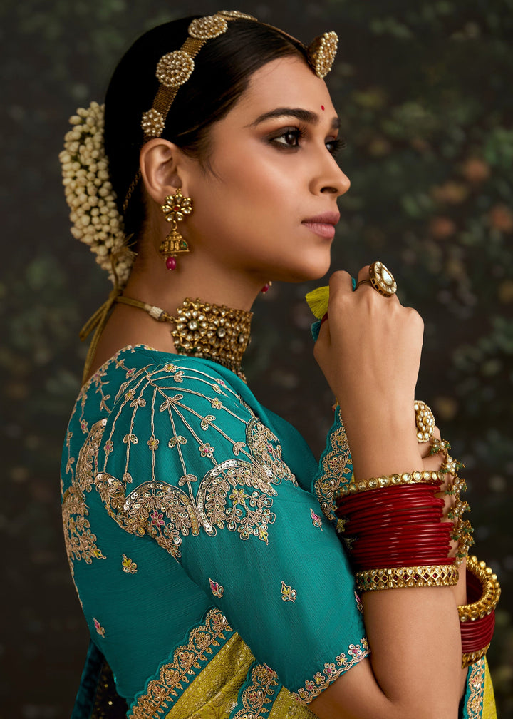 Lime-Yellow and Turquoise Viscose silk Saree