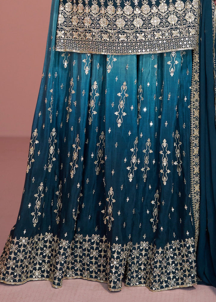 Spruce Blue Chinnon Silk Plazo Suit With Thread Embroidered Work