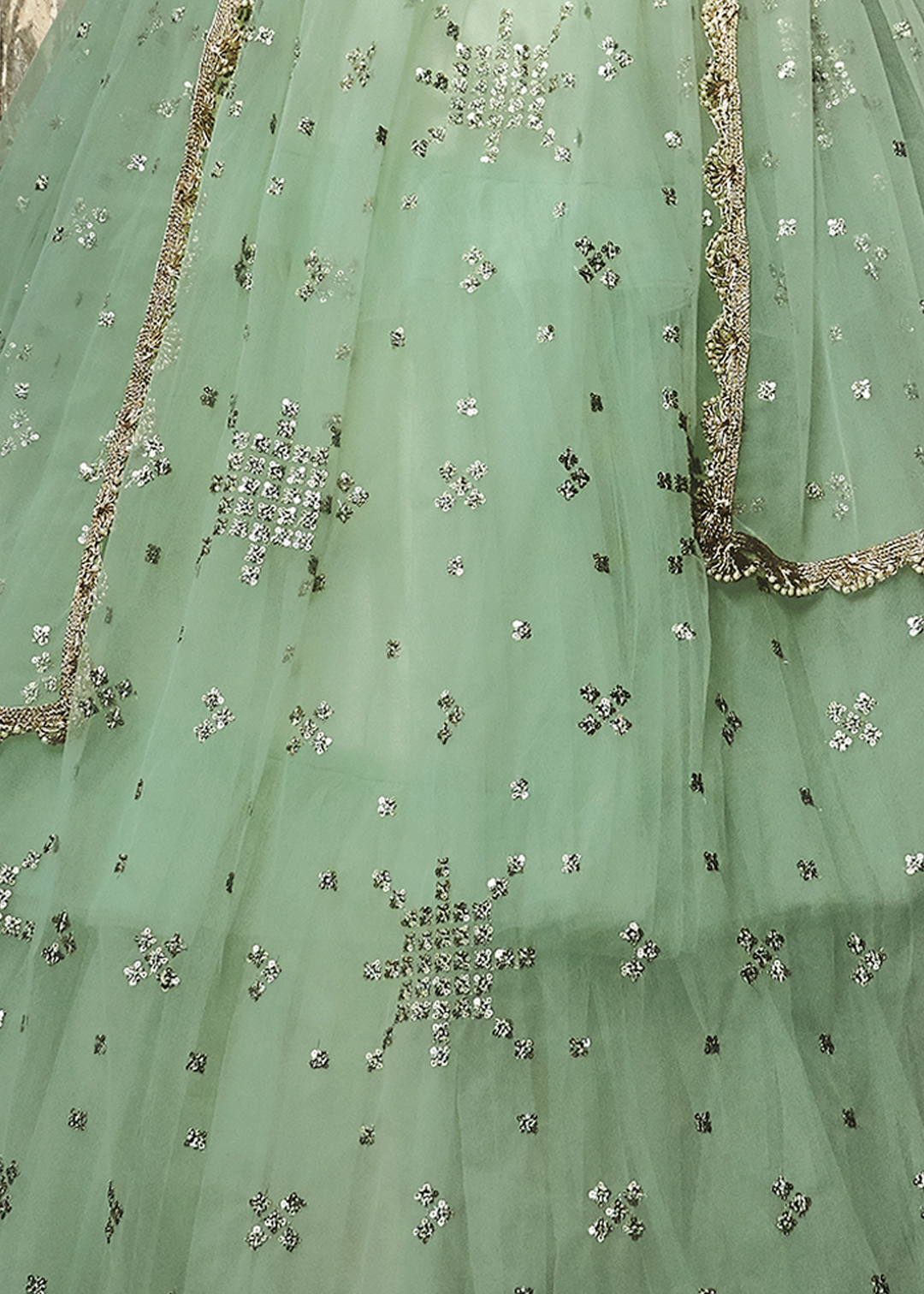 Sea Green Soft Net Lehenga with Sequins & Zari work