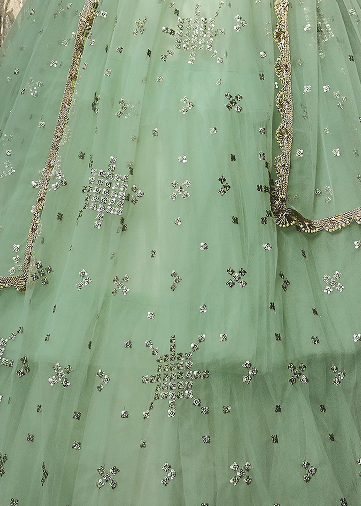 Sea Green Soft Net Lehenga with Sequins & Zari work