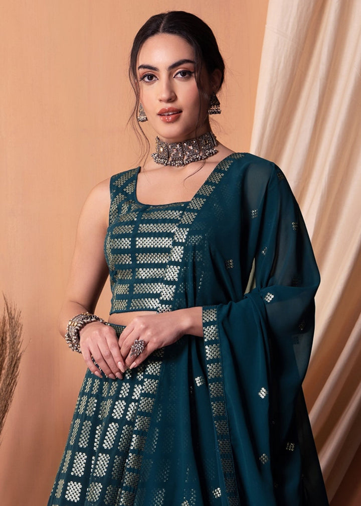 Teal Blue Georgette Lehenga Choli With Sequins And Thread Embroidery Work