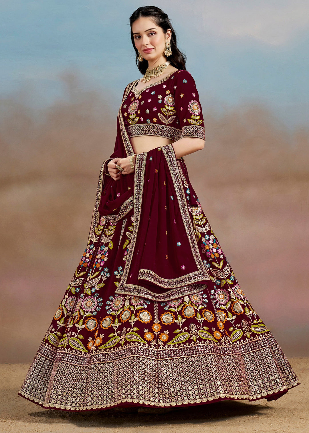 Maroon Georgette Lehenga With Dupatta