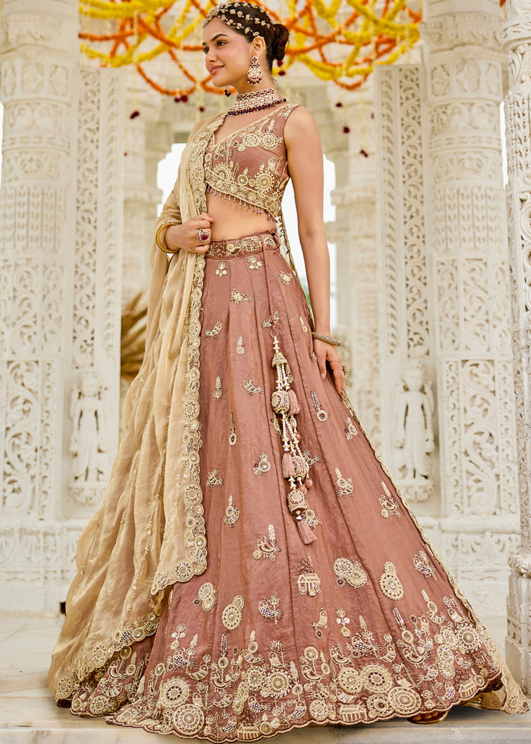 Beige Tissue Lehenga Choli with Beads & Sequince Embroidered