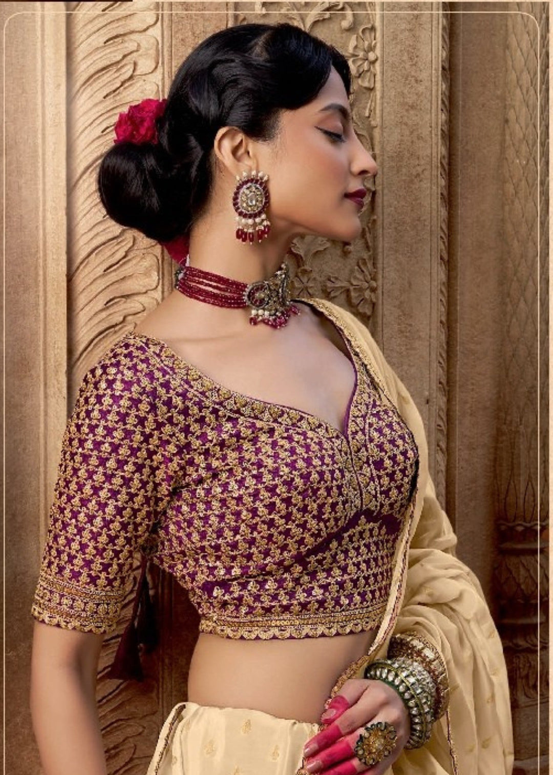 Cream Viscose Crepe Silk Saree