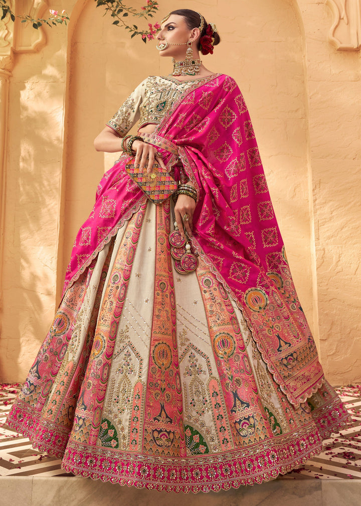 Off White & Pink Banarasi Silk Lehenga Choli With Zarkan And Cut Work