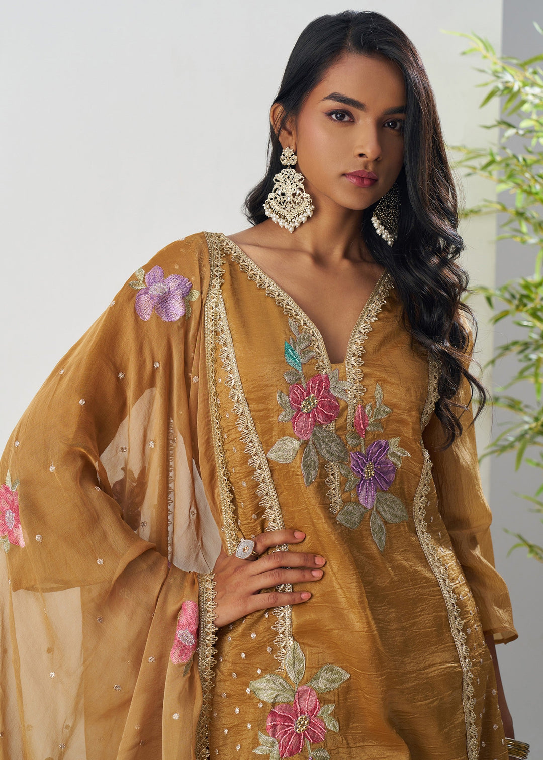 Gamboge Yellow Silk Pant Suit With Chiffon Dupatta