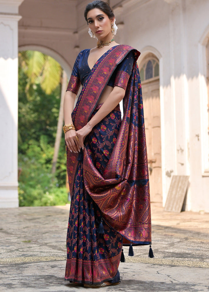 Navy Blue Thread Woven Jal & Flower Silk Saree With Thread Woven Pallu