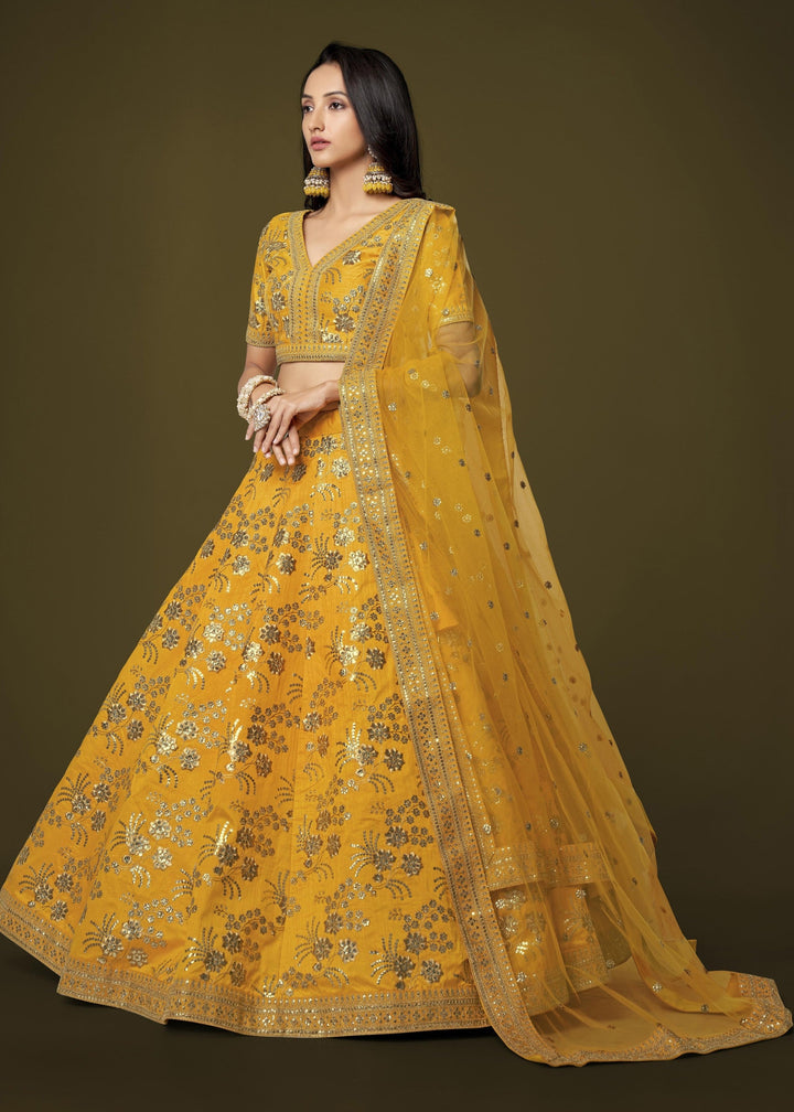 Yellow Slub Silk Lehenga with Zari Sequins and Dori Embroidery Work