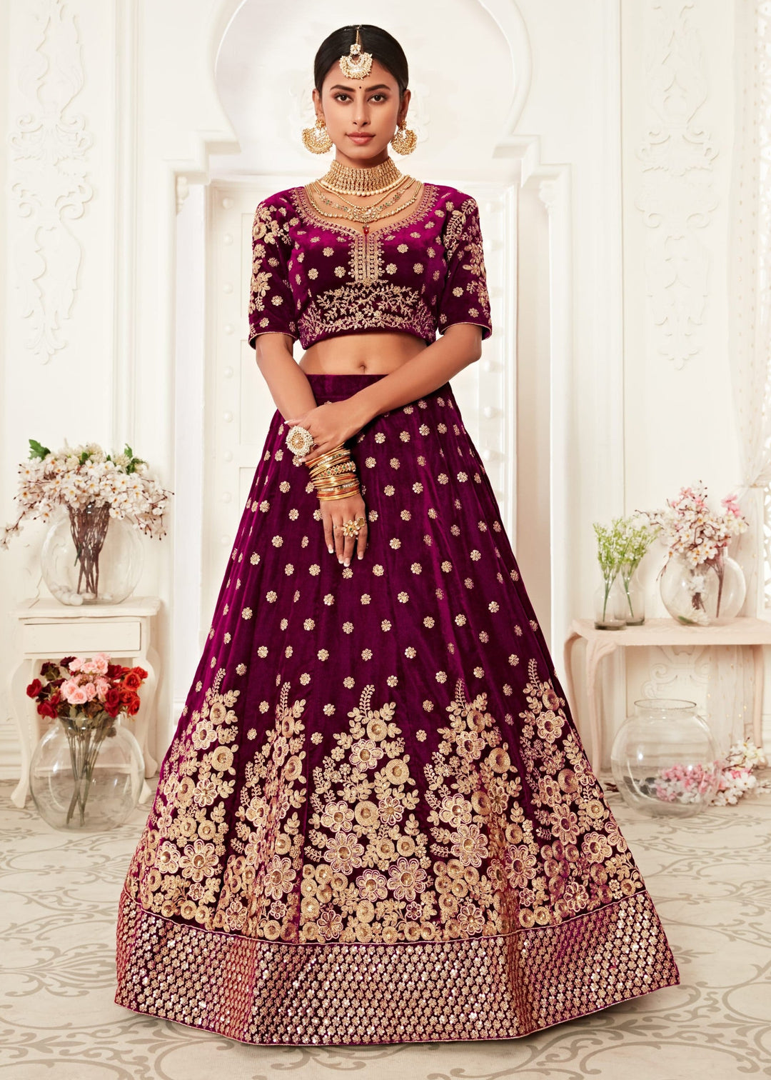 Purple Bridal Pure Velvet Zari And Sequins Embroidery Lehenga