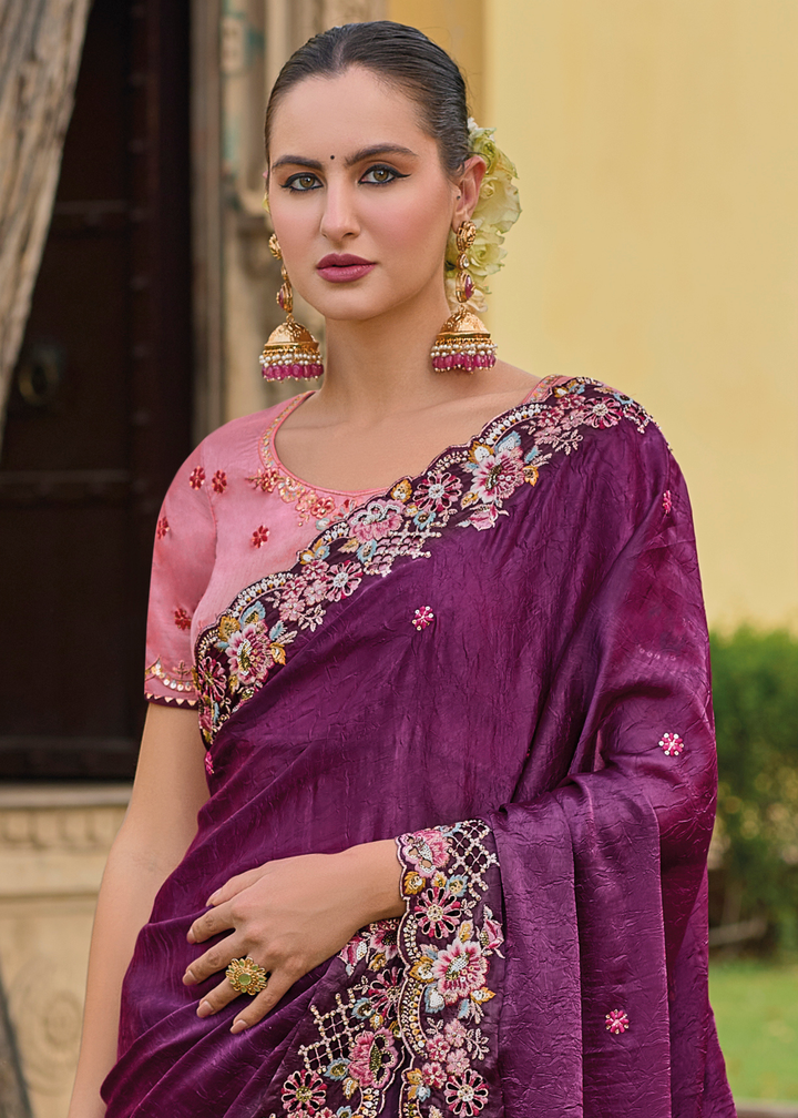 Lollipop Purple Tissue Organza Silk with Embroidery Cut Work Border, Stone & Sequence work