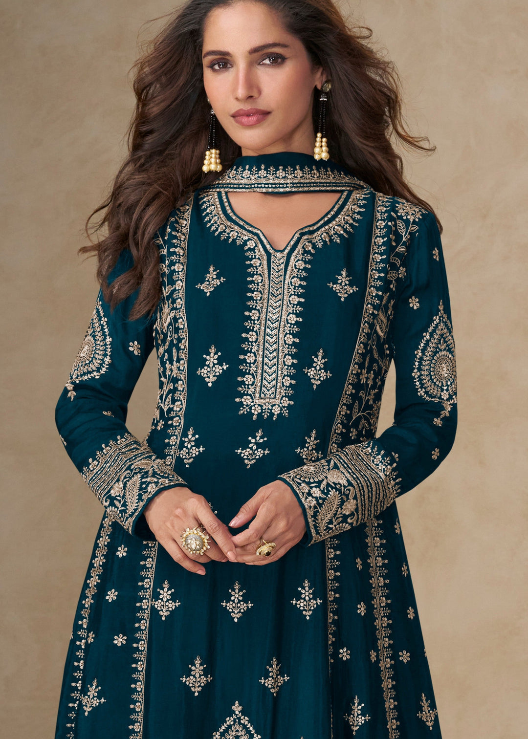 Aegean Blue Chinon Silk Suit With Embroidery Work