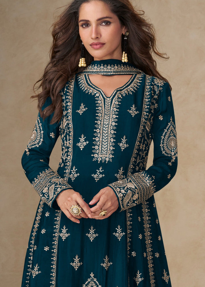 Aegean Blue Chinon Silk Suit With Embroidery Work