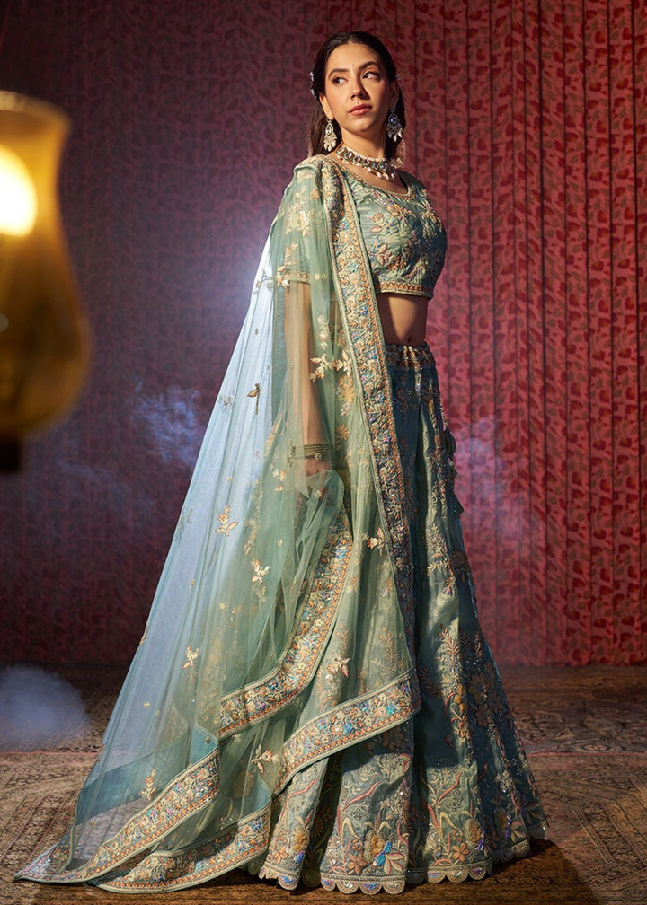 Torquise Dori Sequins Thread work Organza Lehenga