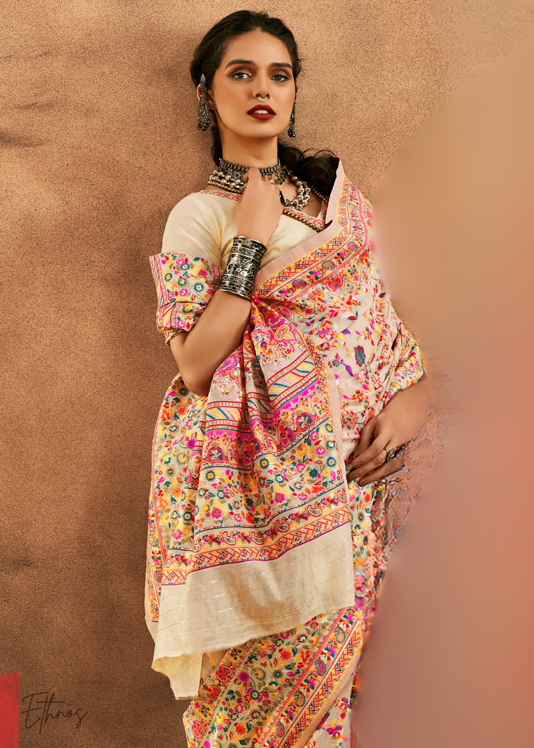 Soft Ivory Peach with Multicolour Kashmiri Floral Weave Saree