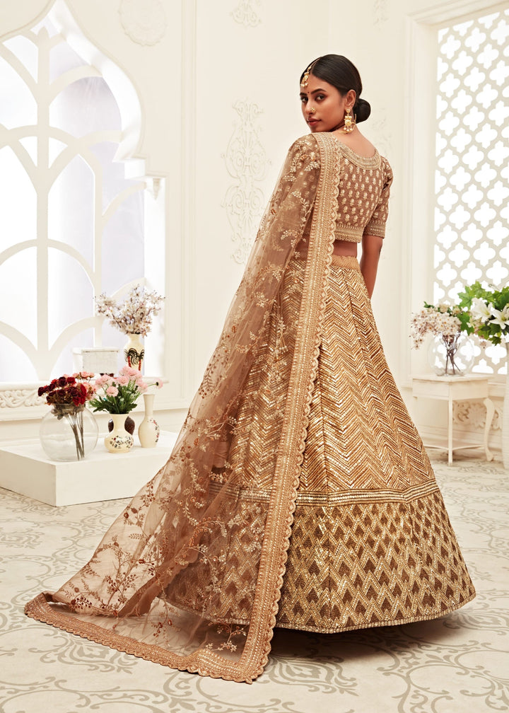 Brown Slub Silk Lehenga With Thread, Zari, Dori and Sequins Embroidery Work