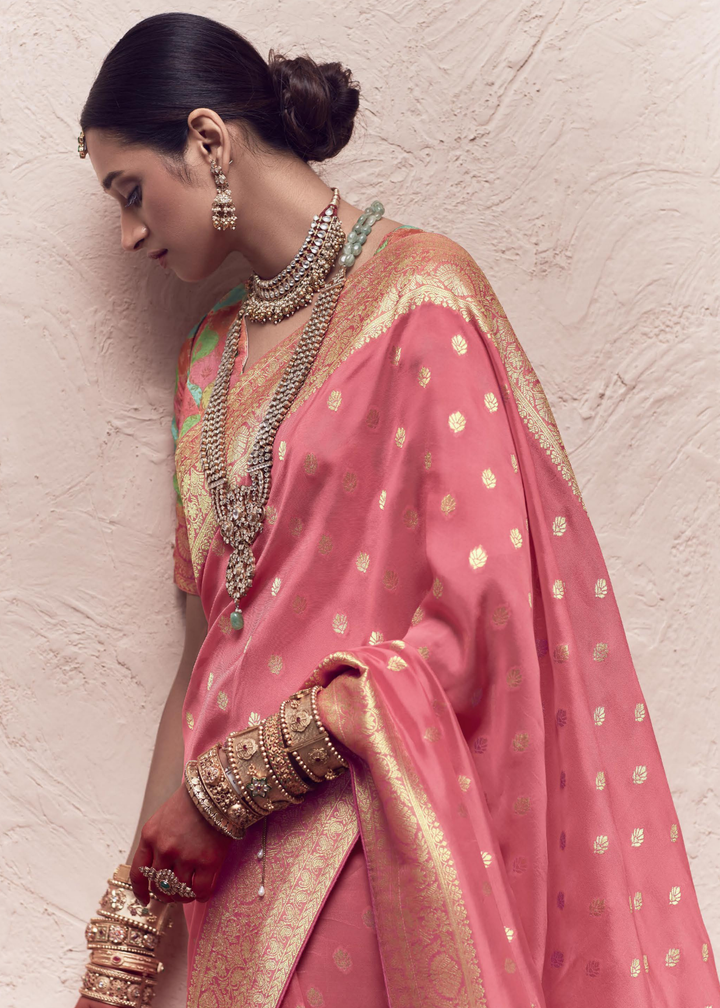 Watermelon Pink Zari Woven Dola Silk Saree With Zari Woven Blouse