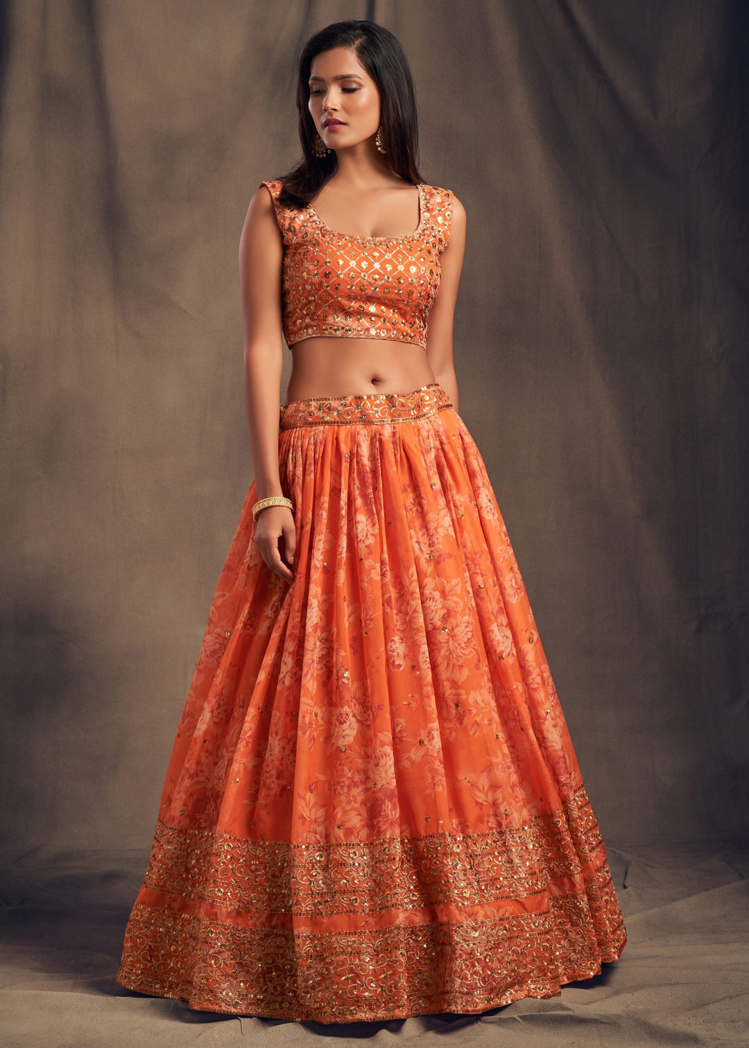 Orange Organza Lehenga with Dupatta