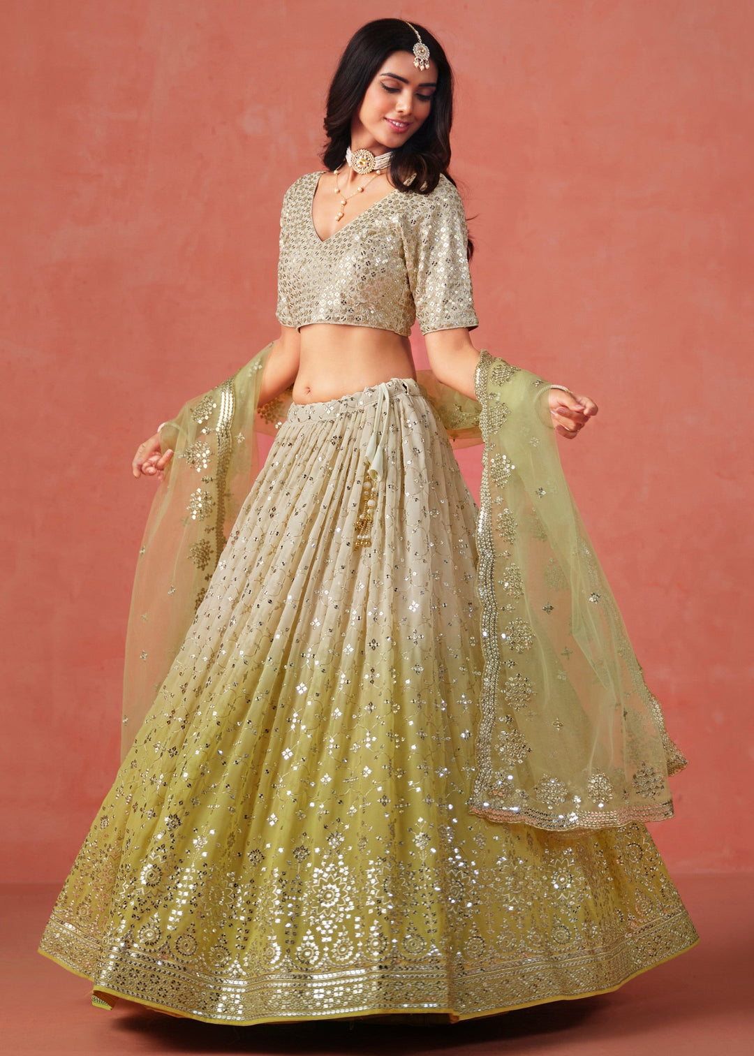 Yellow Sequins Zari Embroidered Work Georgette Lehenga