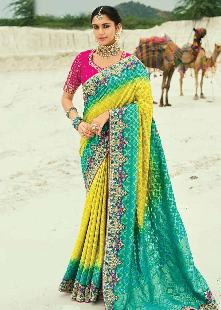 Turquoise Blue & Yellow Georgette Bandhej Saree