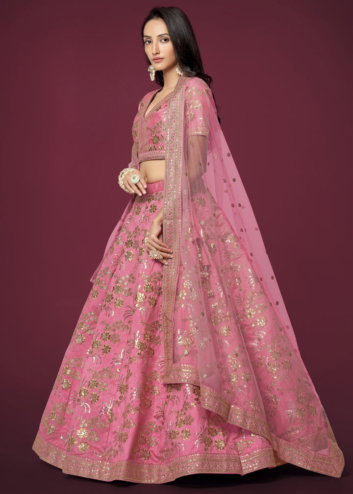 Pink Slub Silk Lehenga with Zari Sequins and Dori Embroidery Work