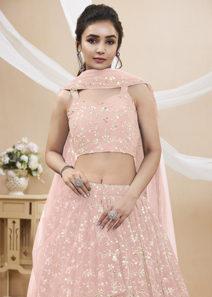 Blush Pink Georgette Lehenga Choli With Sequins Zari Embroidered Work
