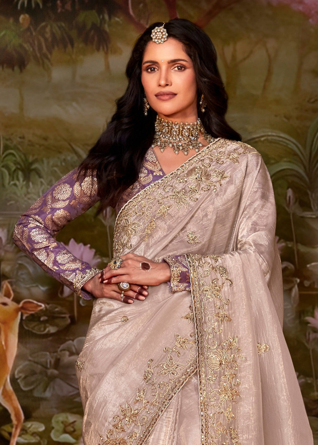 Purple And Cream Cotton Silk Saree